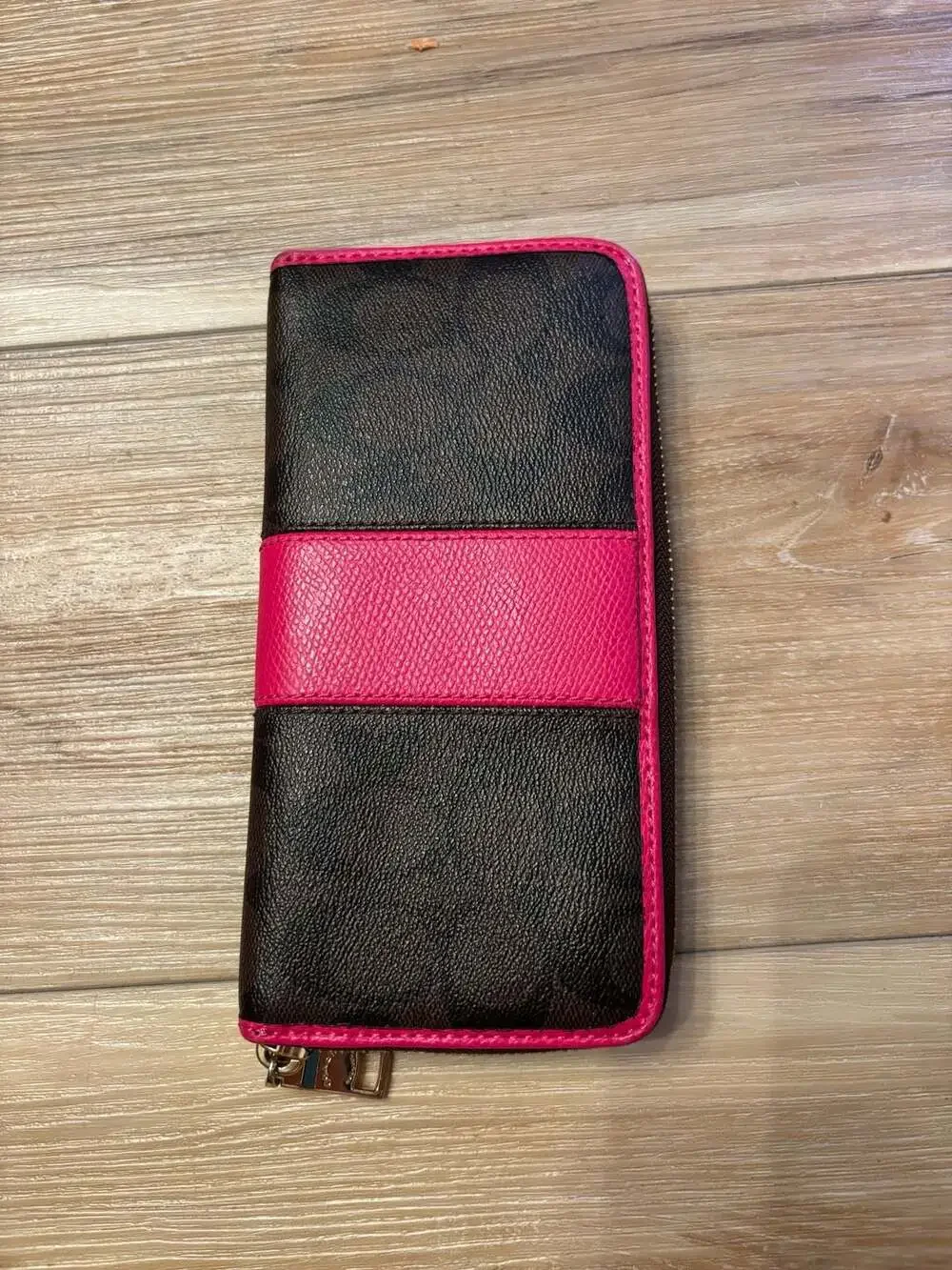 Coach Signature PVC Accordion Zip Around Wallet in Brown and Pink
